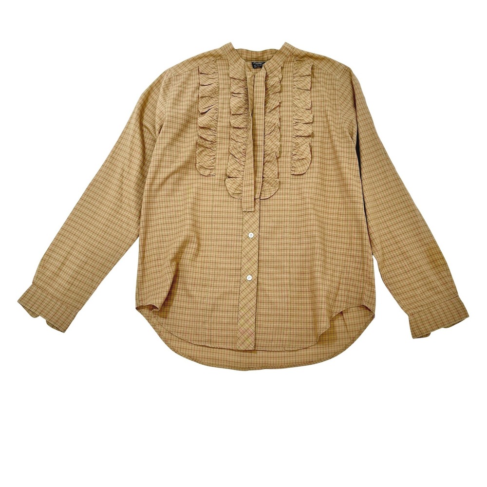VTG Simeon Tan Plaid Ruffle Front Button Up Western Blouse Top Long Sleeve